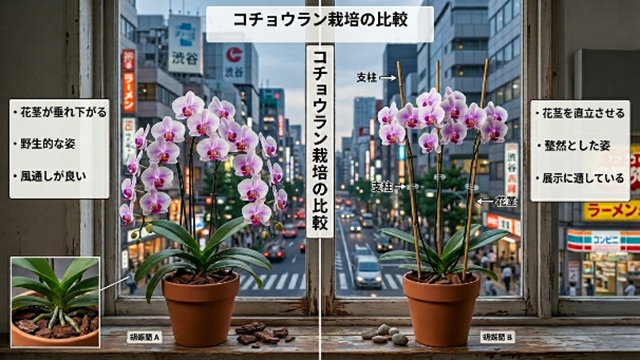 支柱なしの胡蝶蘭と支柱ありの胡蝶蘭の比較