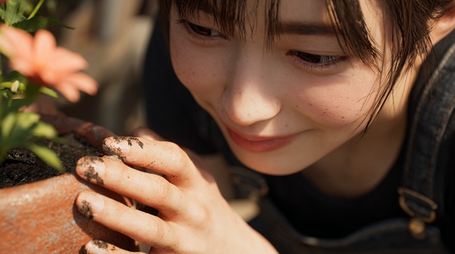 土を触る女性